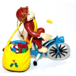 Vintage Trevco Curious George Holiday Christmas Ornament Cake Topper Bicycle